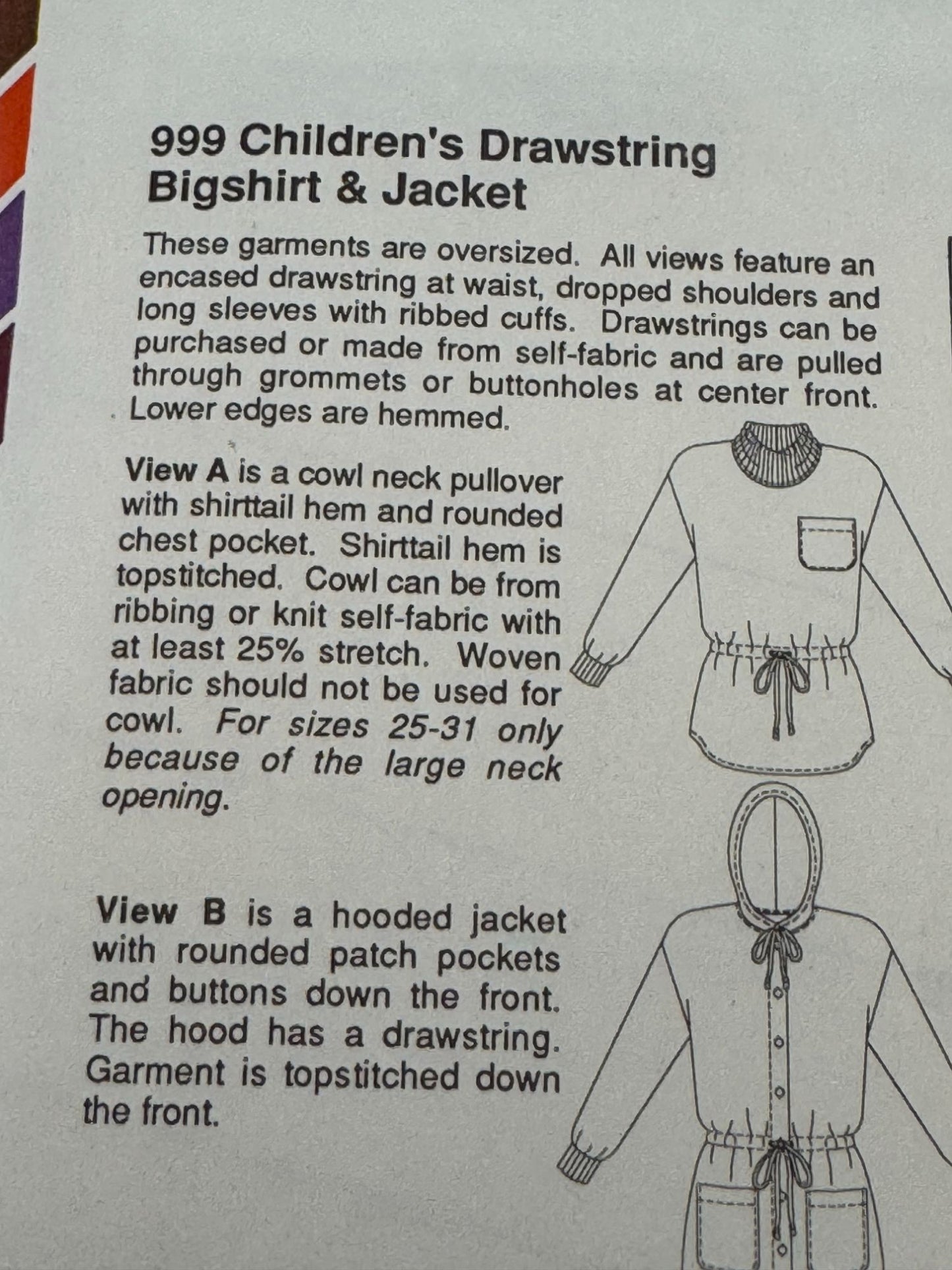 Stretch & Sew Sewing Pattern 999 Childrens Drawstring Bigshirt Shirt Jacket UC