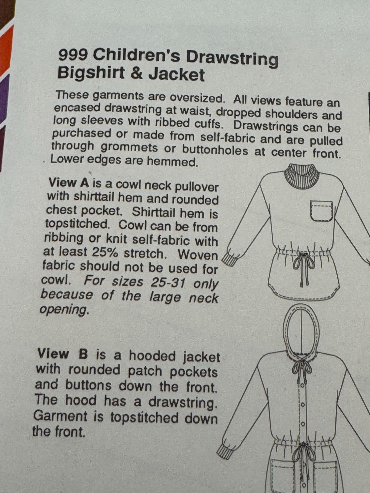 Stretch & Sew Sewing Pattern 999 Childrens Drawstring Bigshirt Shirt Jacket UC