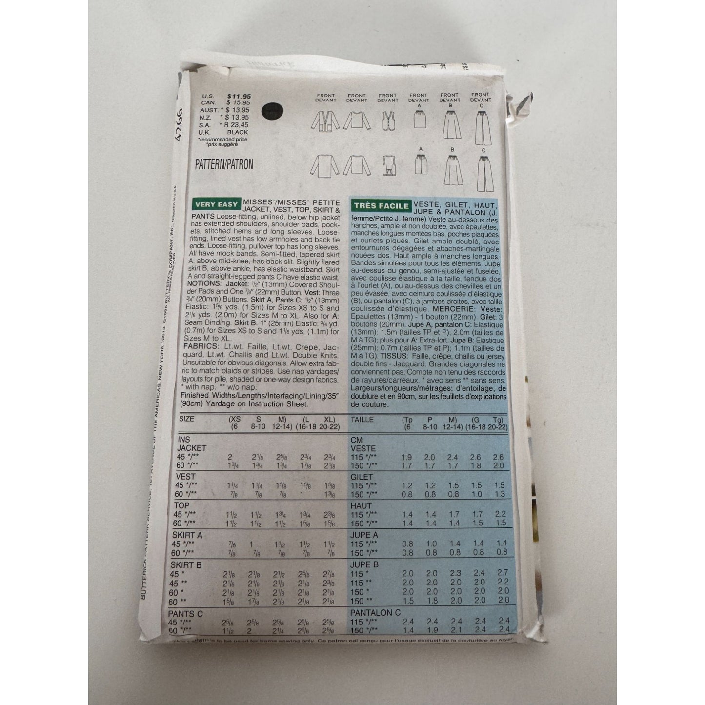 Butterick Sewing Pattern 4266 Capsule Wardrobe Top Skirt Pants Jacket XS S M UC