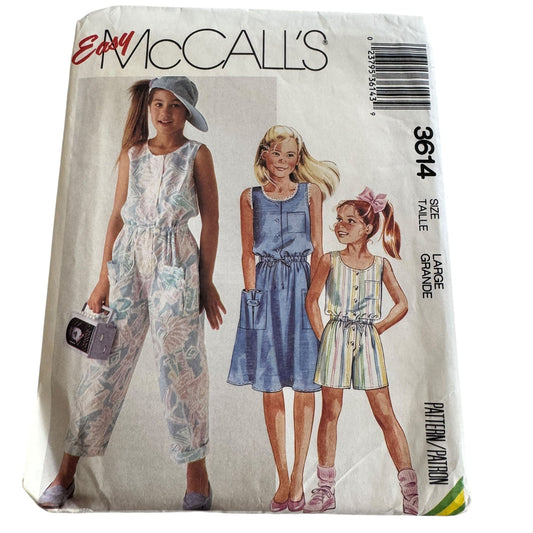 McCalls Sewing Pattern 3614 Sleeveless Dress Jumpsuit Romper Girls Large 1980s