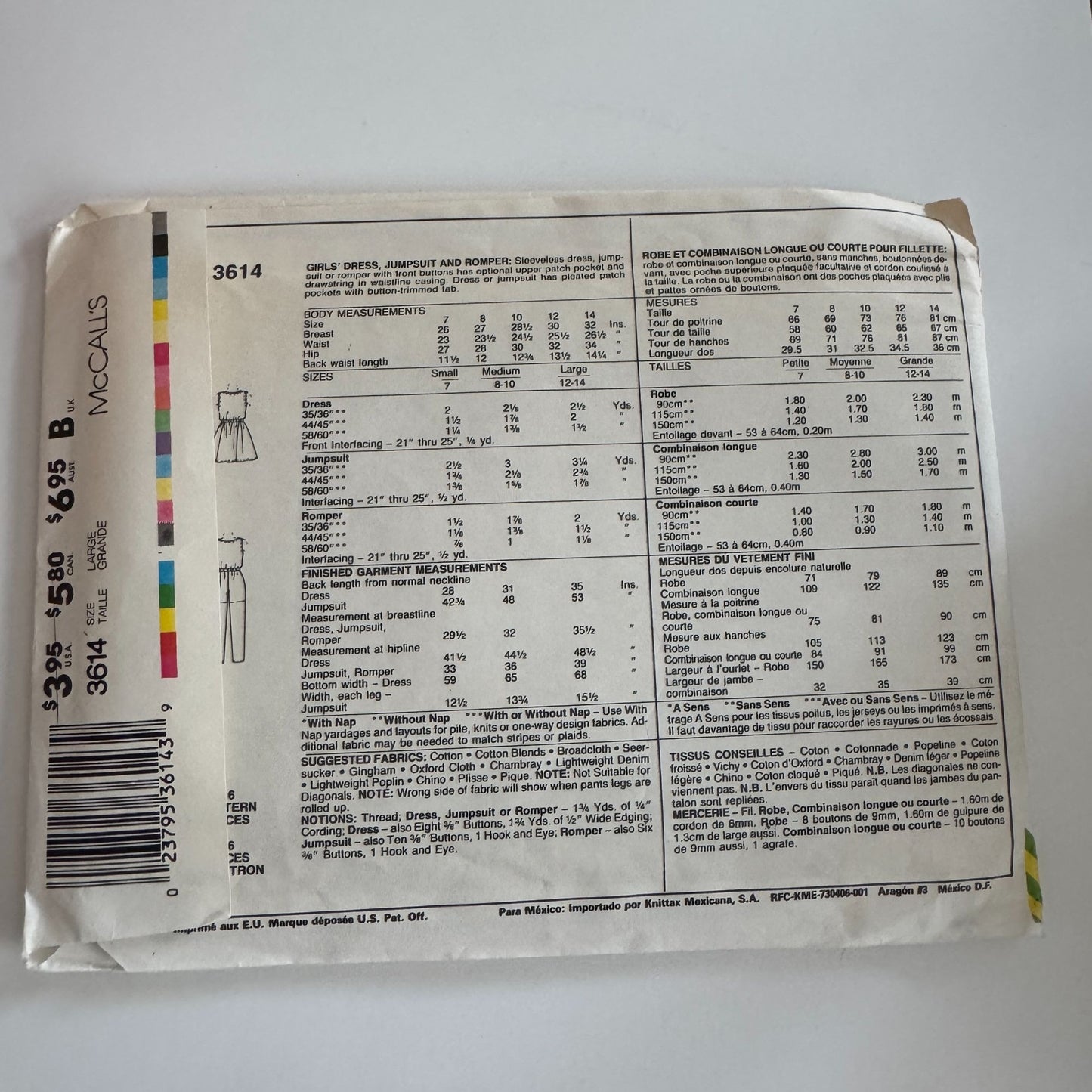 McCalls Sewing Pattern 3614 Sleeveless Dress Jumpsuit Romper Girls Large 1980s