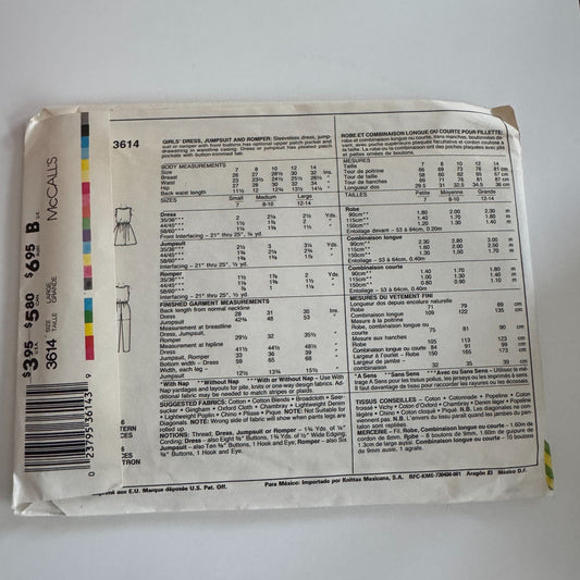 McCalls Sewing Pattern 3614 Sleeveless Dress Jumpsuit Romper Girls Large 1980s