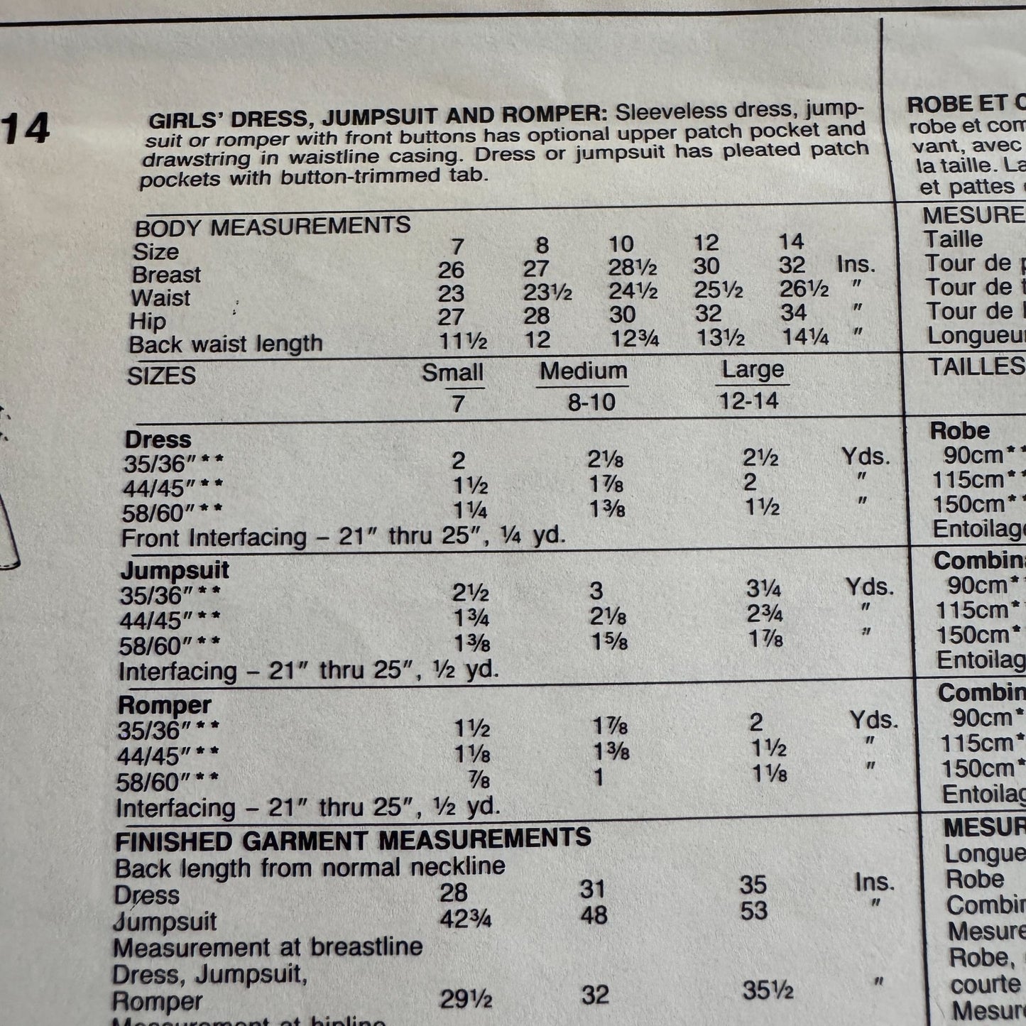 McCalls Sewing Pattern 3614 Sleeveless Dress Jumpsuit Romper Girls Large 1980s