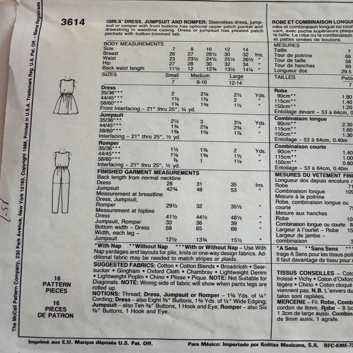 McCalls Sewing Pattern 3614 Sleeveless Dress Jumpsuit Romper Girls Large 1980s