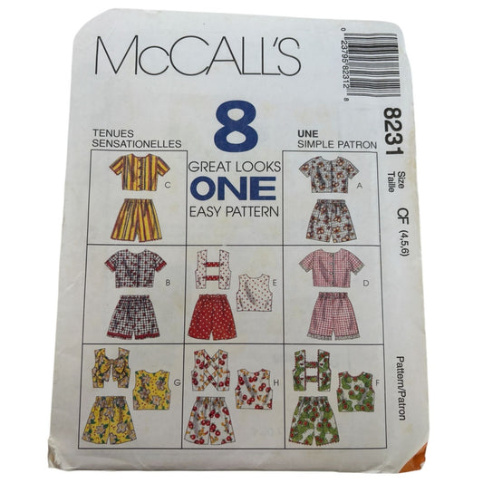 McCalls Sewing Pattern 8231 Childrens Tops Shorts Summer Sz 4 5 6 Easy To Sew UC
