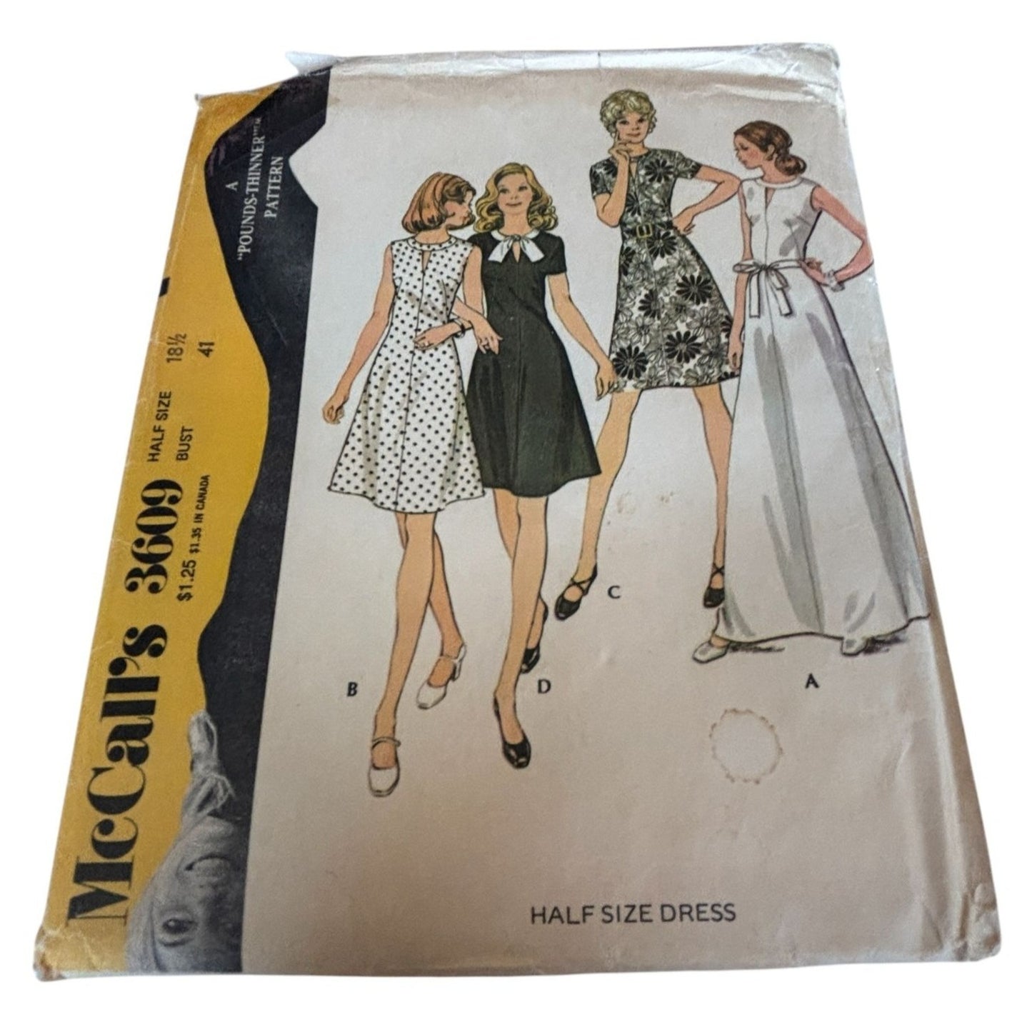 McCalls Sewing Pattern 3609 Womens Dress Back Zipper 18 1/2 Vintage 1970s Uncut