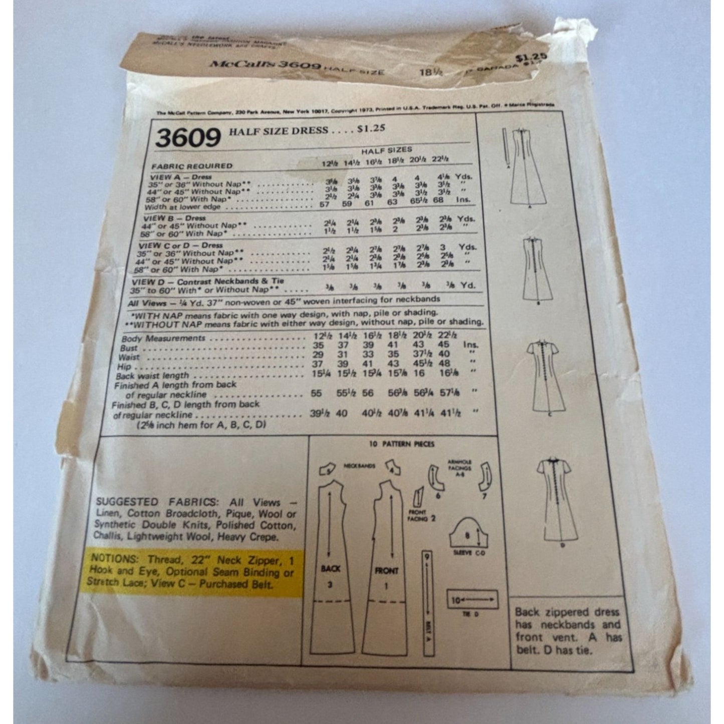 McCalls Sewing Pattern 3609 Womens Dress Back Zipper 18 1/2 Vintage 1970s Uncut