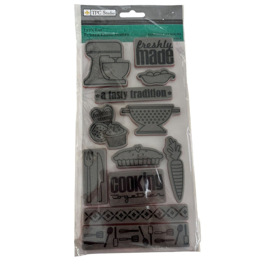 TPC Studio Rubber Cling Stamps Set Lets Eat Baking Food Kitchen Baker Gift Idea