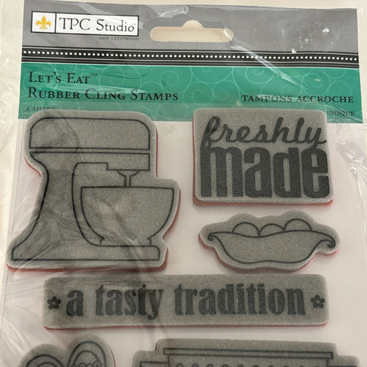 TPC Studio Rubber Cling Stamps Set Lets Eat Baking Food Kitchen Baker Gift Idea