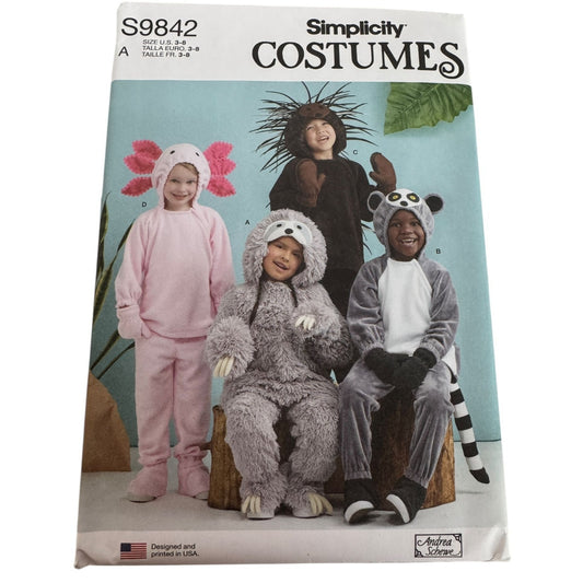 Simplicity Sewing Pattern S9842 Kids Animal Costumes Sloth Porcupine Lemur 3-8