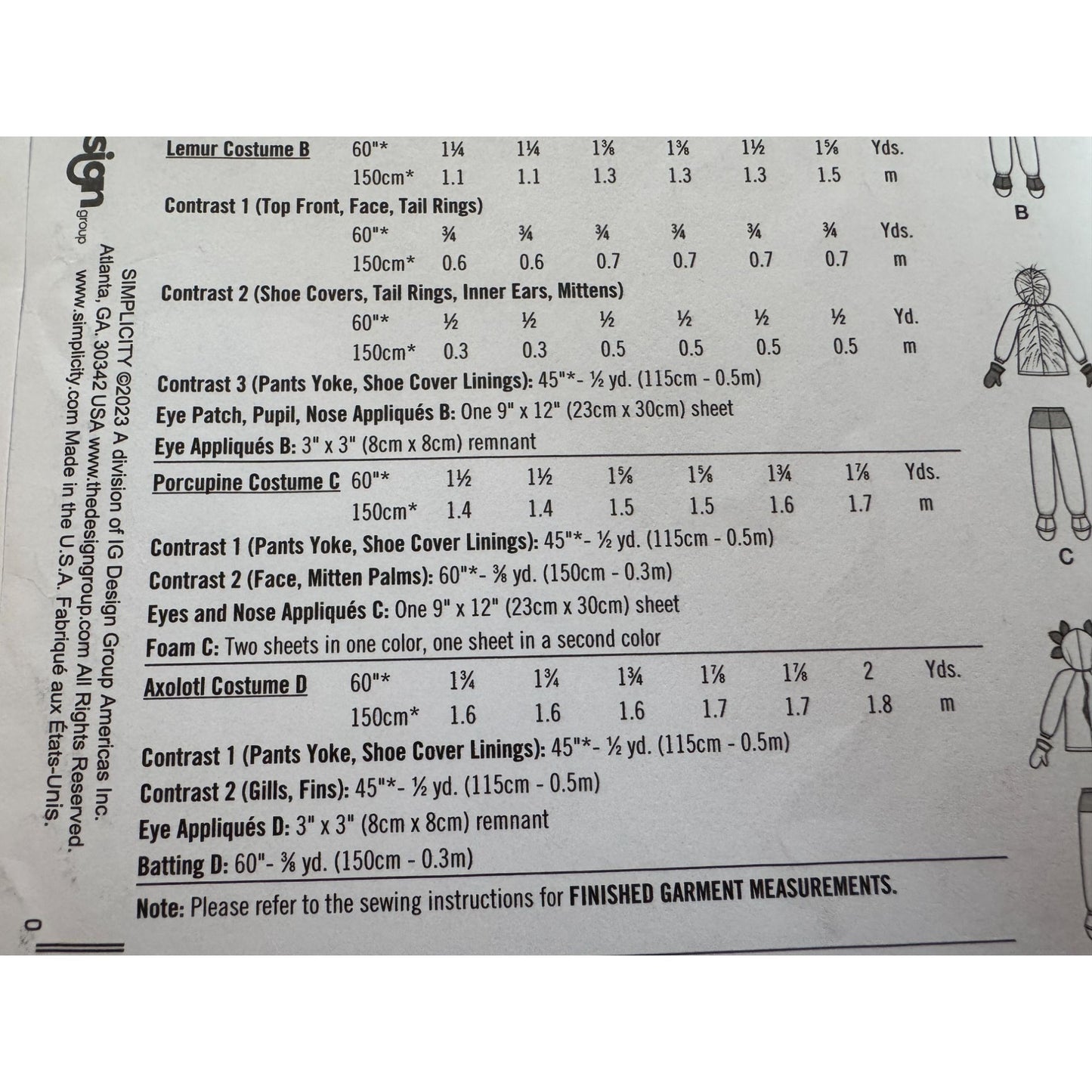 Simplicity Sewing Pattern S9842 Kids Animal Costumes Sloth Porcupine Lemur 3-8