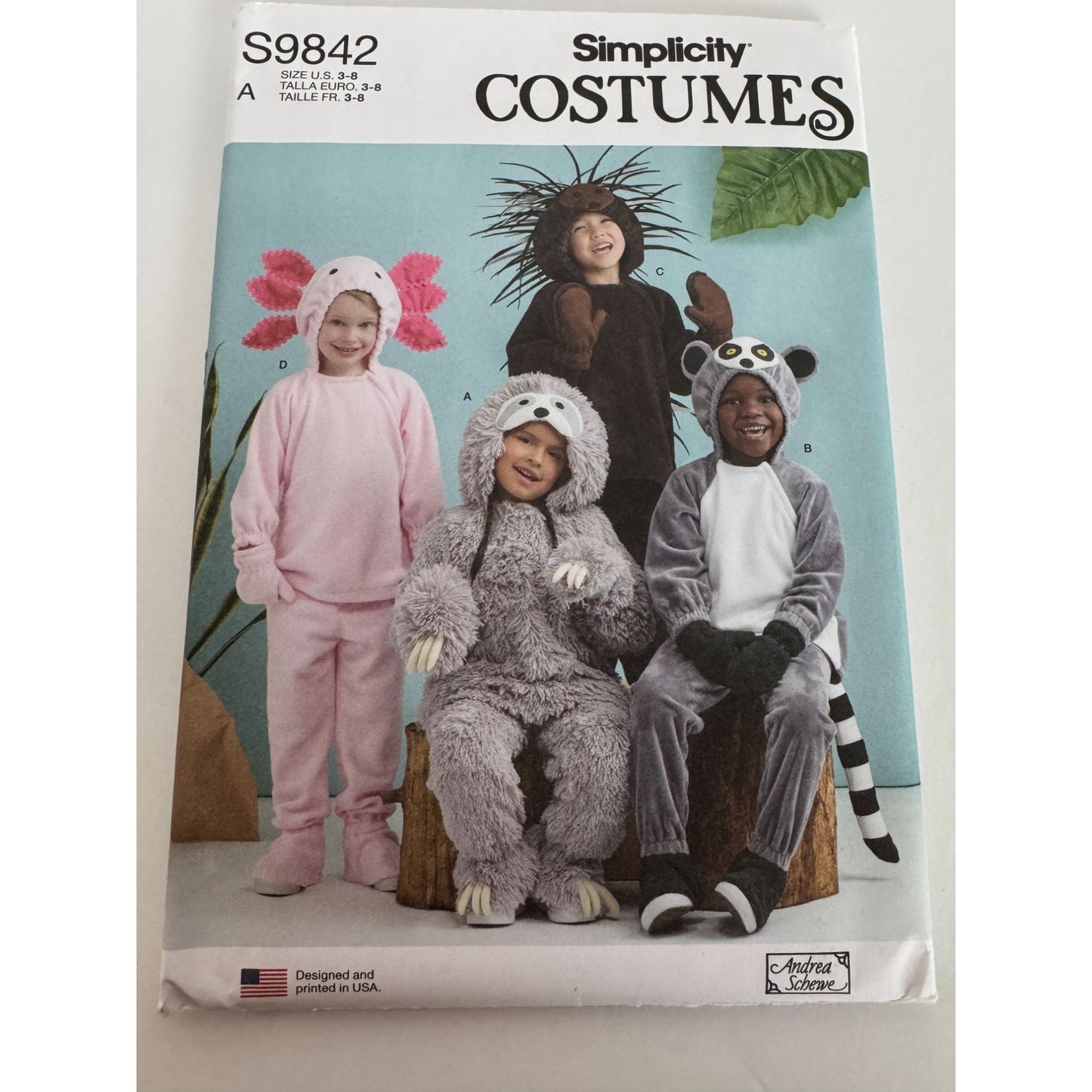 Simplicity Sewing Pattern S9842 Kids Animal Costumes Sloth Porcupine Lemur 3-8