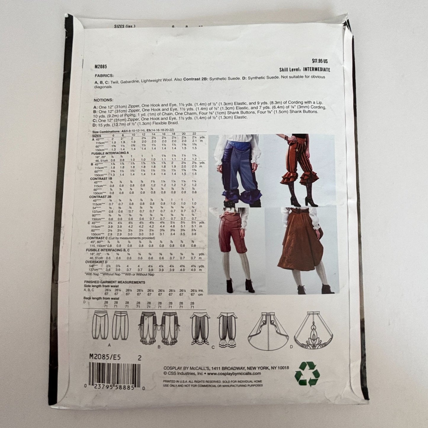 Cosplay by McCalls Sewing Pattern M2085 Wayfaress Pirate Costume Steampunk Pants Skirt 14-22 Uncut