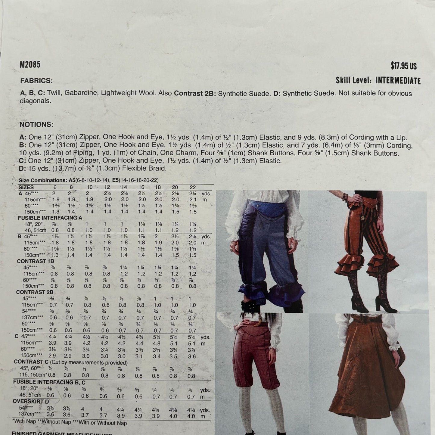 Cosplay by McCalls Sewing Pattern M2085 Wayfaress Pirate Costume Steampunk Pants Skirt 14-22 Uncut