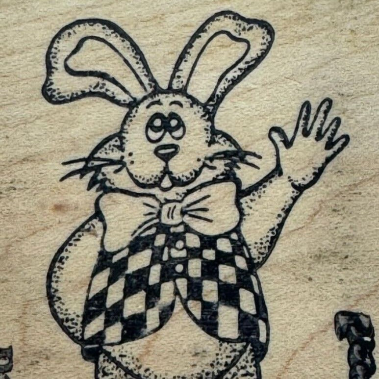 Touche Easter Bunny Rubber Stamp Rabbit Waving Hello Whimsical Bowtie Cardmaking