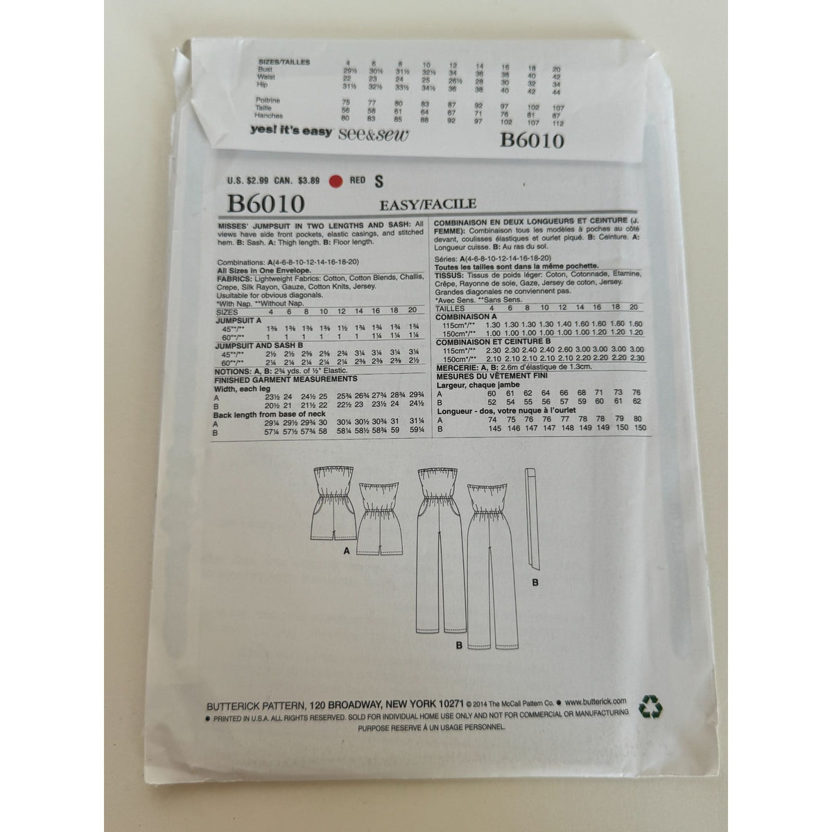Butterick Sewing Pattern B6010 Jumpsuit In Two Lengths with Sash Size 4-20 Uncut