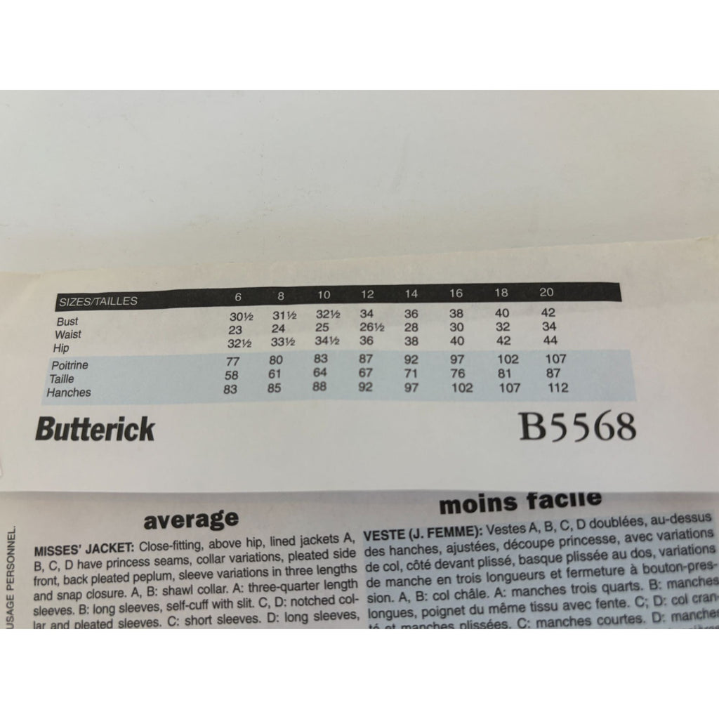 Butterick Sewing Pattern B5568 Misses Fitted Jackets Work Career Size 6-12 Uncut