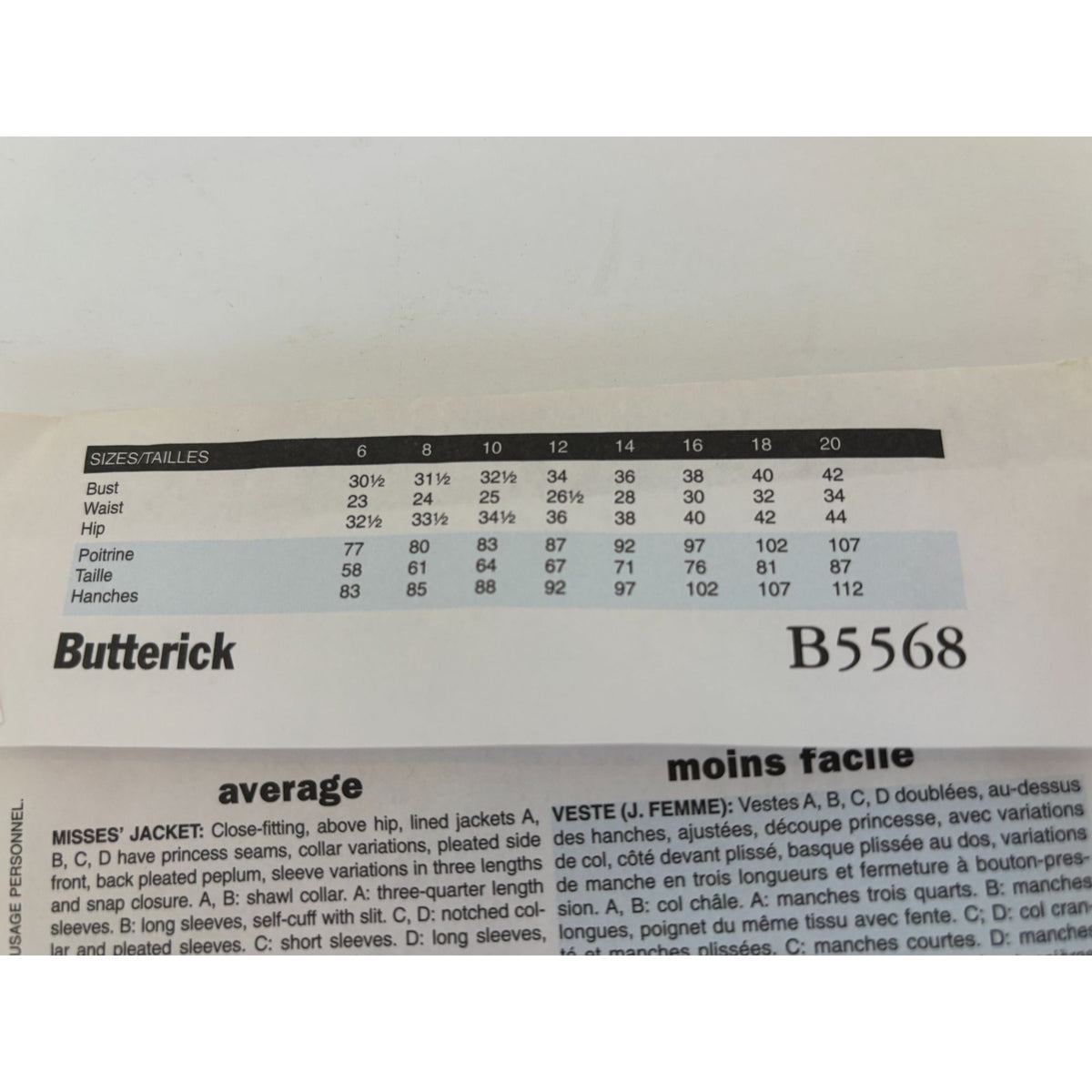Butterick Sewing Pattern B5568 Misses Fitted Jackets Work Career Size 6-12 Uncut