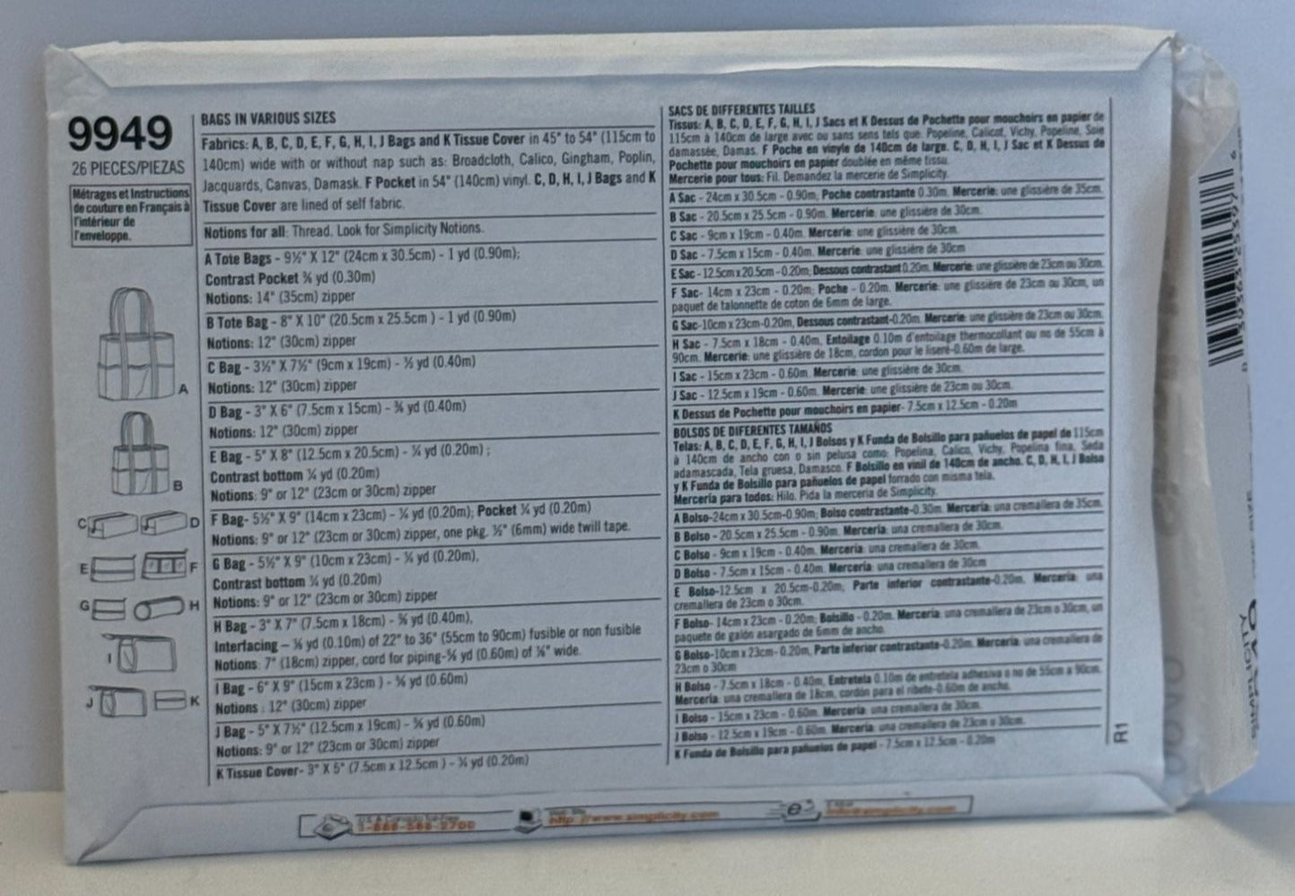 Simplicity Sewing Pattern 9949 Crafts Tote Bag Cosmetic Bags Travel Vacation UC