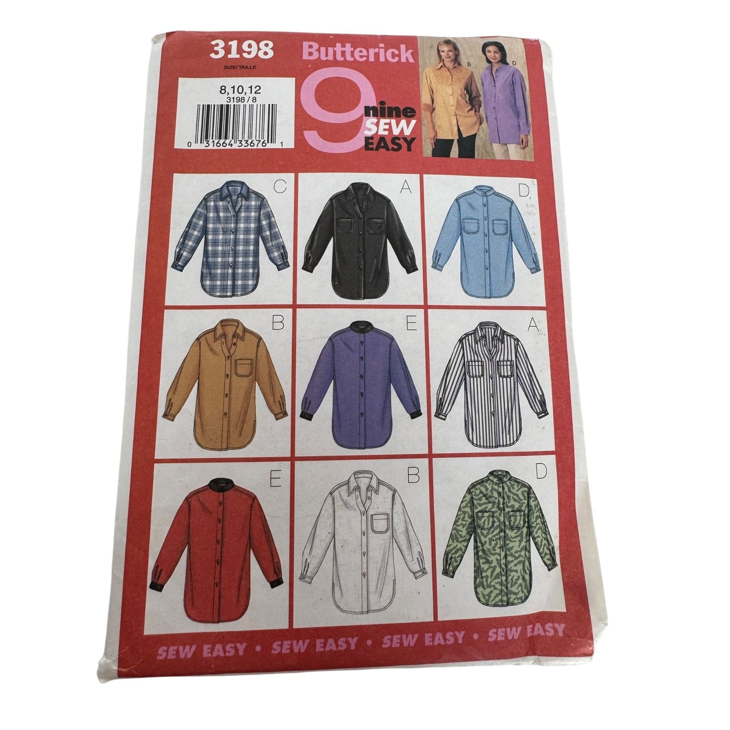 Butterick Sewing Pattern 3198 Oversized Shirt Front Button 8 10 12 Nine Sew Easy