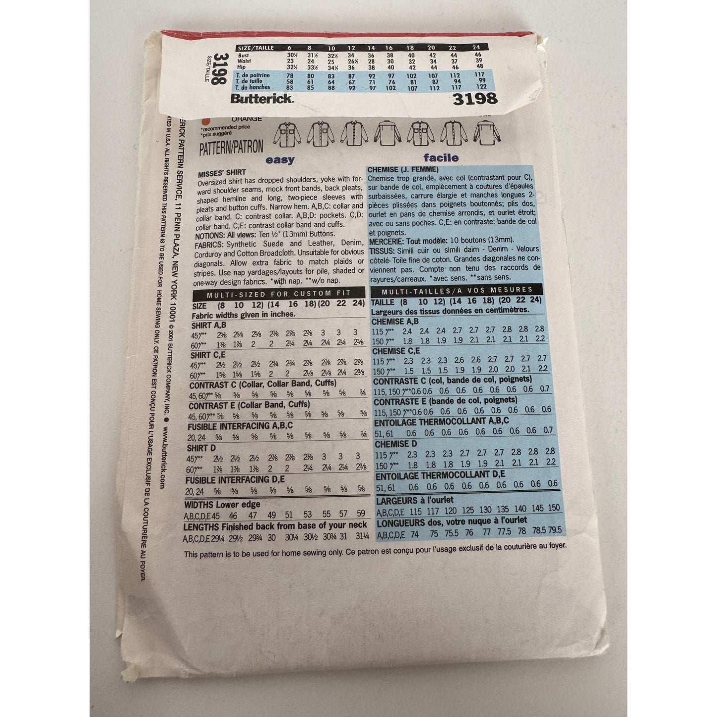 Butterick Sewing Pattern 3198 Oversized Shirt Front Button 8 10 12 Nine Sew Easy