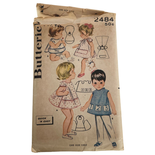 Butterick Sewing Pattern 2484 Infant Baby Smocks Bibs Vintage 1950s 6M-24M Uncut