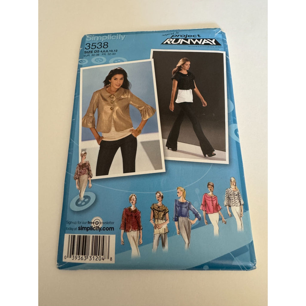 Simplicity 3538 Project Runway Sewing Pattern Misses Jackets Tops Sz 4-12 Uncut