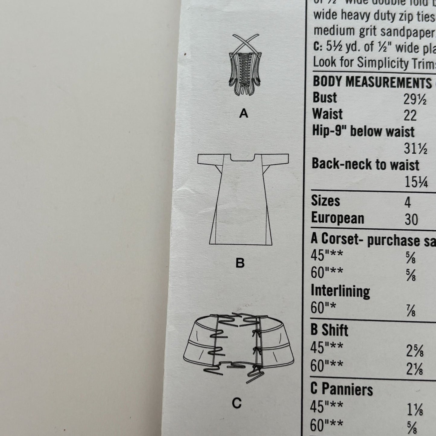 Simplicity Sewing Pattern 8579 18th Century Corset Shift Panniers Costume 14-22 UC Historical Rococo