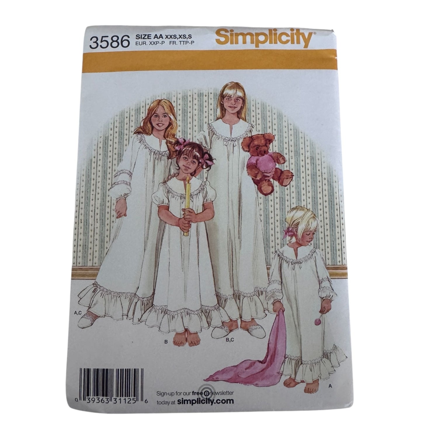 Simplicity Sewing Pattern 3586 Girls Nightgown Vintage Style Pajamas 2-6X Slippers Uncut