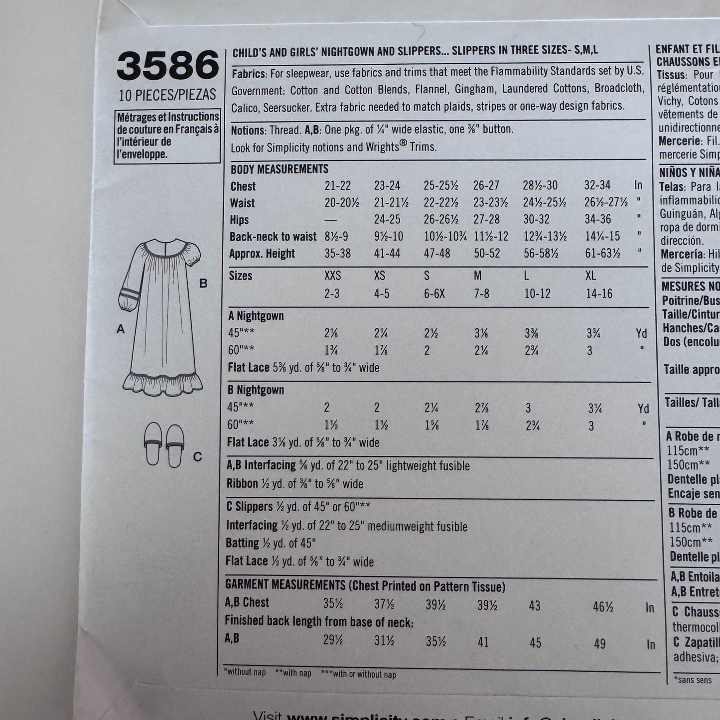 Simplicity Sewing Pattern 3586 Girls Nightgown Vintage Style Pajamas 2-6X Slippers Uncut
