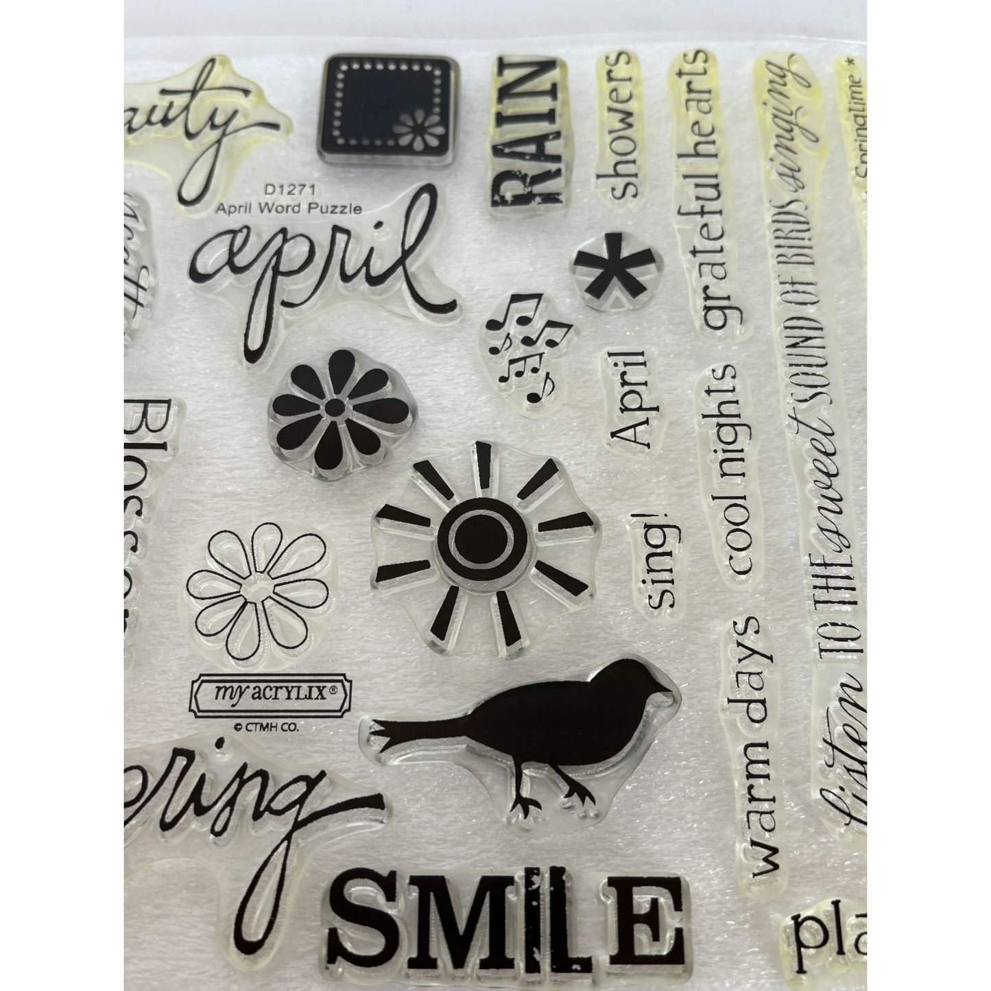CTMH My Acrylix Acrylic Stamp Set April Word Puzzle Birds Singing Music Notes