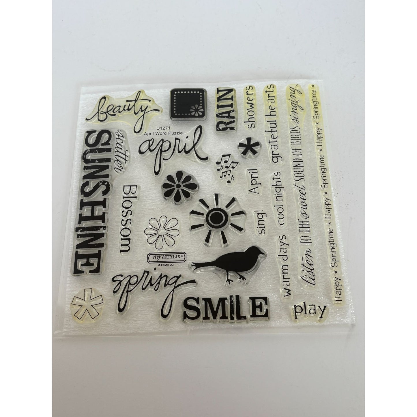 CTMH My Acrylix Acrylic Stamp Set April Word Puzzle Birds Singing Music Notes