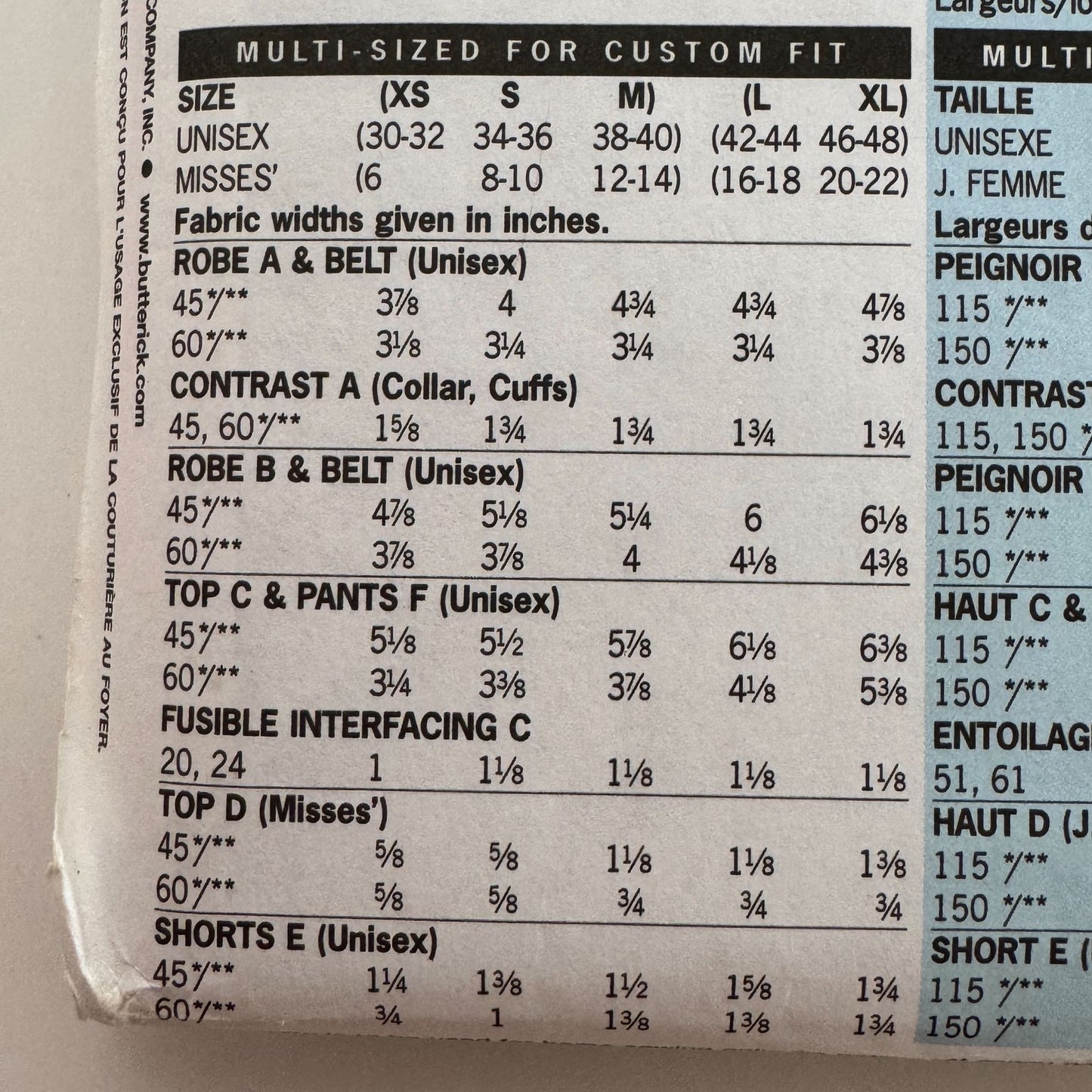 Butterick Sewing Pattern 6837 Robe Pajamas Top Shorts Pants Unisex Easy L XL UC