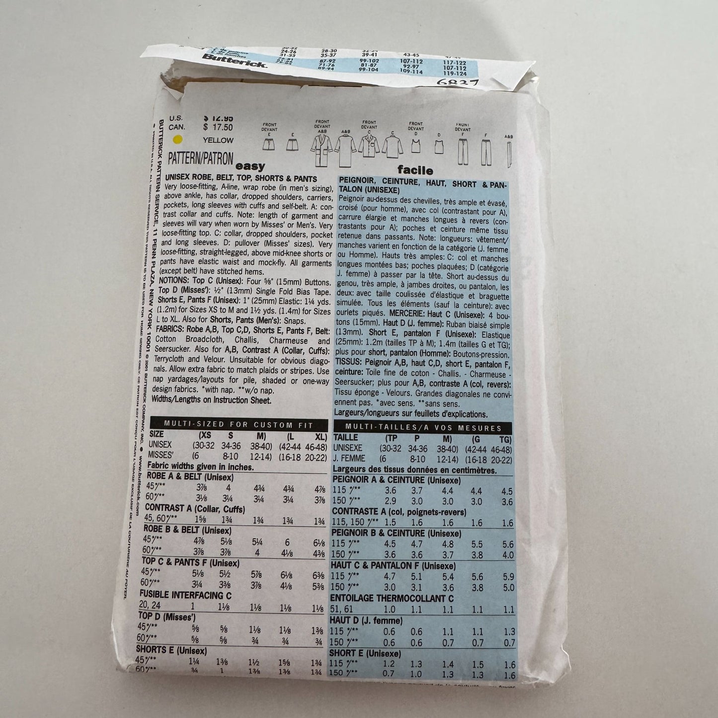 Butterick Sewing Pattern 6837 Robe Pajamas Top Shorts Pants Unisex Easy L XL UC