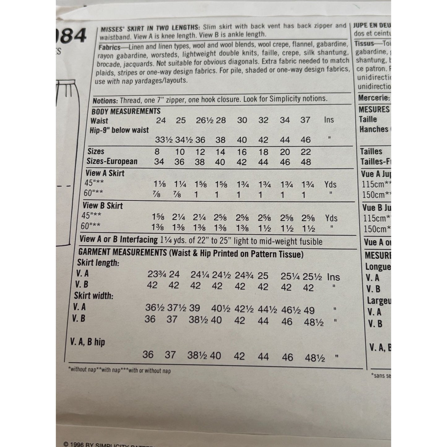 Simplicity Sewing Pattern 9084 Misses 2-Hour Skirt Work Career Size 16-22 Uncut