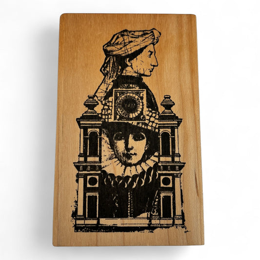 Acey Deucy Rubber Stamp Academia Renaissance Collage Architectural Historical Portrait Artistic Wood Mounted