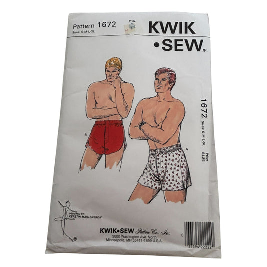 Kwik Sew Sewing Pattern 1672 Mens Boxer Shorts Vintage 1980s Uncut S M L XL