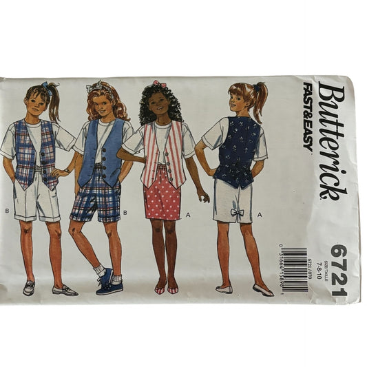 Butterick Sewing Pattern 6721 Girls Vest Top Skirt Shorts 90s Preppy Outfit 7-10 Uncut
