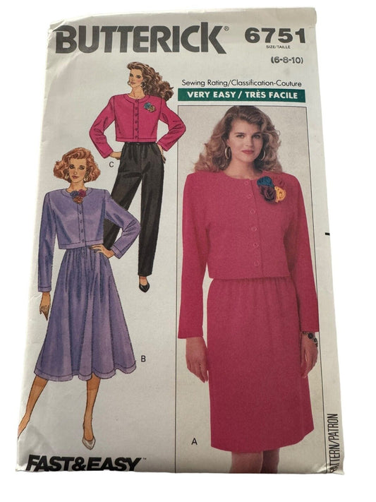 Butterick Sewing Pattern 6751 Jacket Skirt Pants Career Outfit 6 8 10 UC 1980s