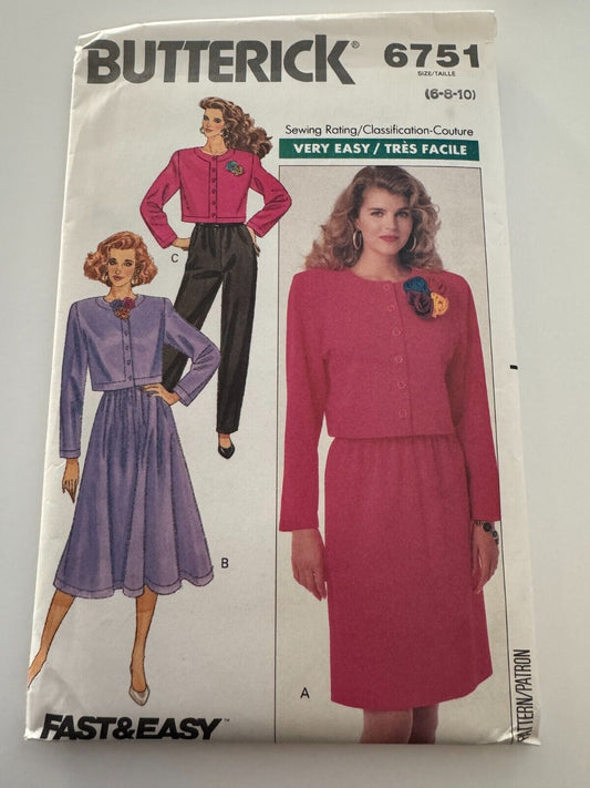 Butterick Sewing Pattern 6751 Jacket Skirt Pants Career Outfit 6 8 10 UC 1980s