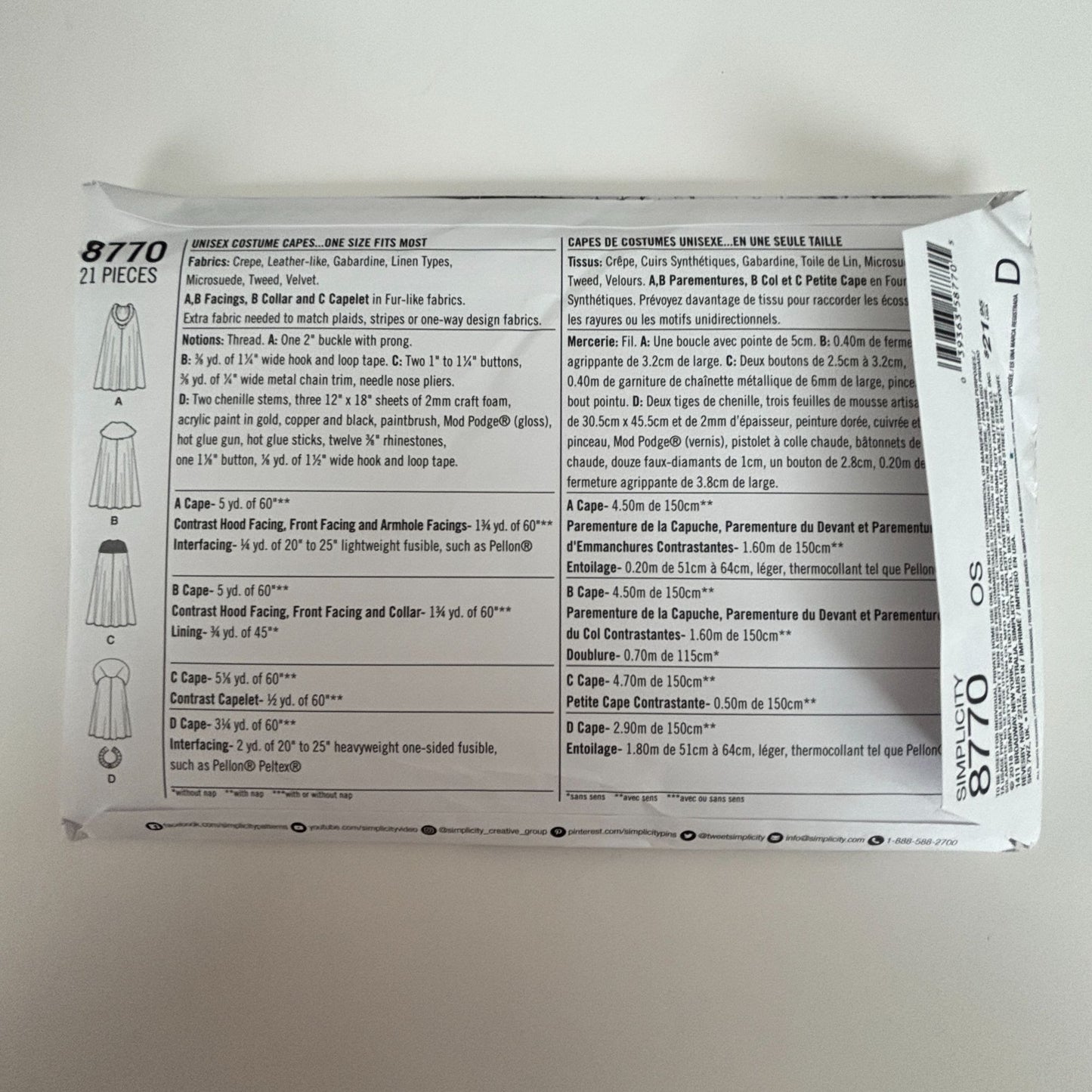 Simplicity Sewing Pattern 8770 Costume Cape Hooded Cloak Fantasy Medieval Uncut Halloween Cosplay