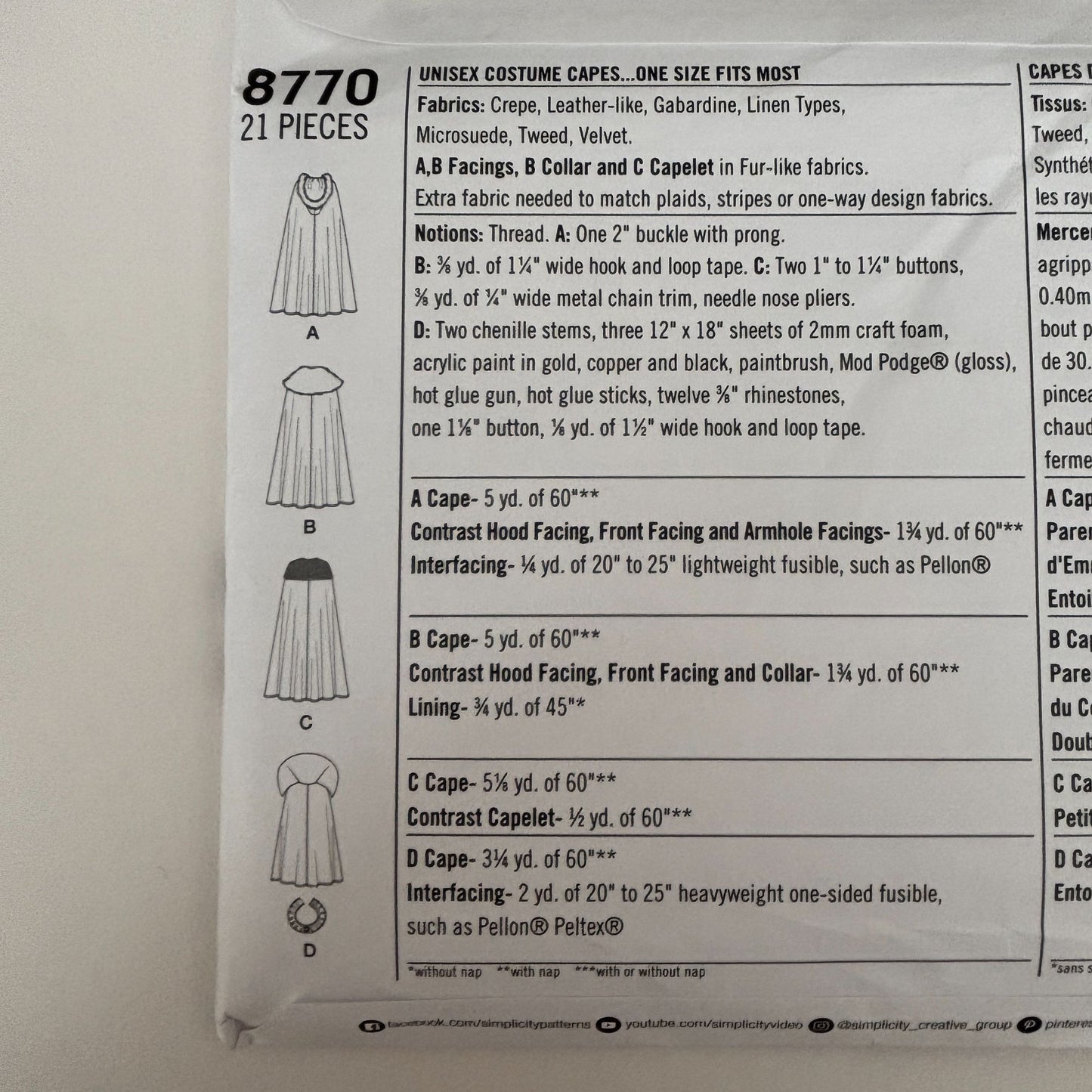 Simplicity Sewing Pattern 8770 Costume Cape Hooded Cloak Fantasy Medieval Uncut Halloween Cosplay
