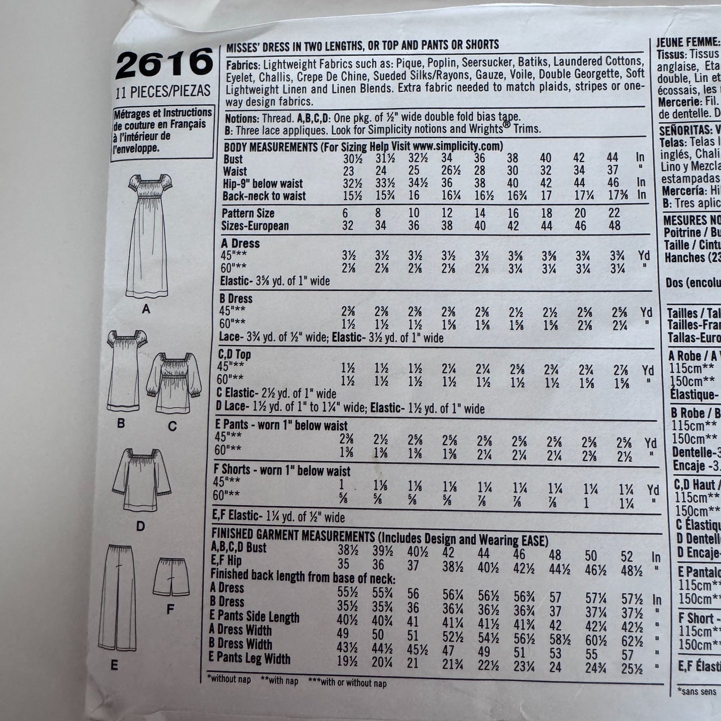 Simplicity Sewing Pattern 2616 Easy Dress Peasant Top Pants Boho Set 14-22 Uncut