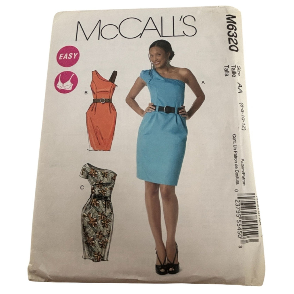 McCalls Sewing Pattern M6320 One-Shoulder Dress Belt Career Work 6-12 Easy Uncut