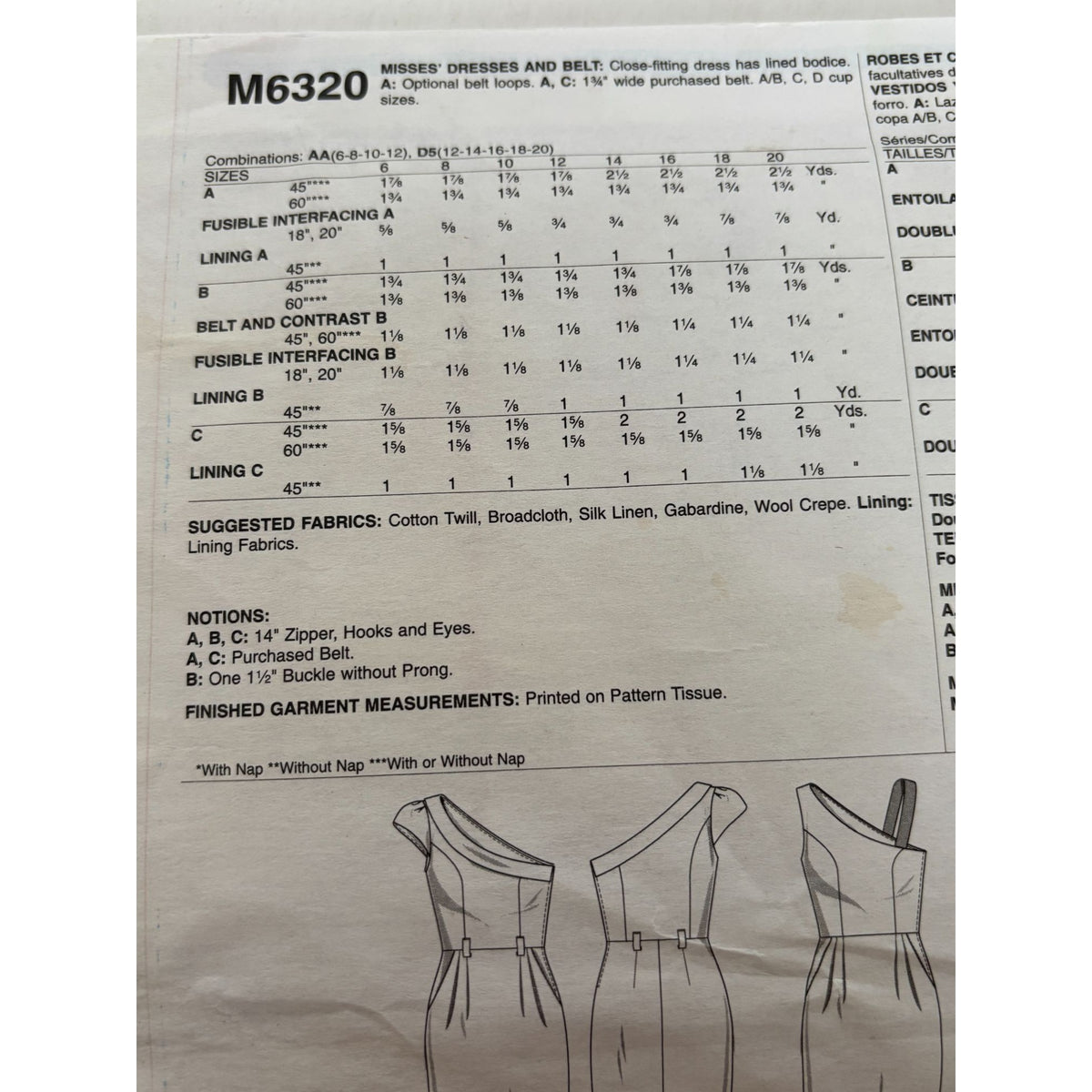 McCalls Sewing Pattern M6320 One-Shoulder Dress Belt Career Work 6-12 Easy Uncut
