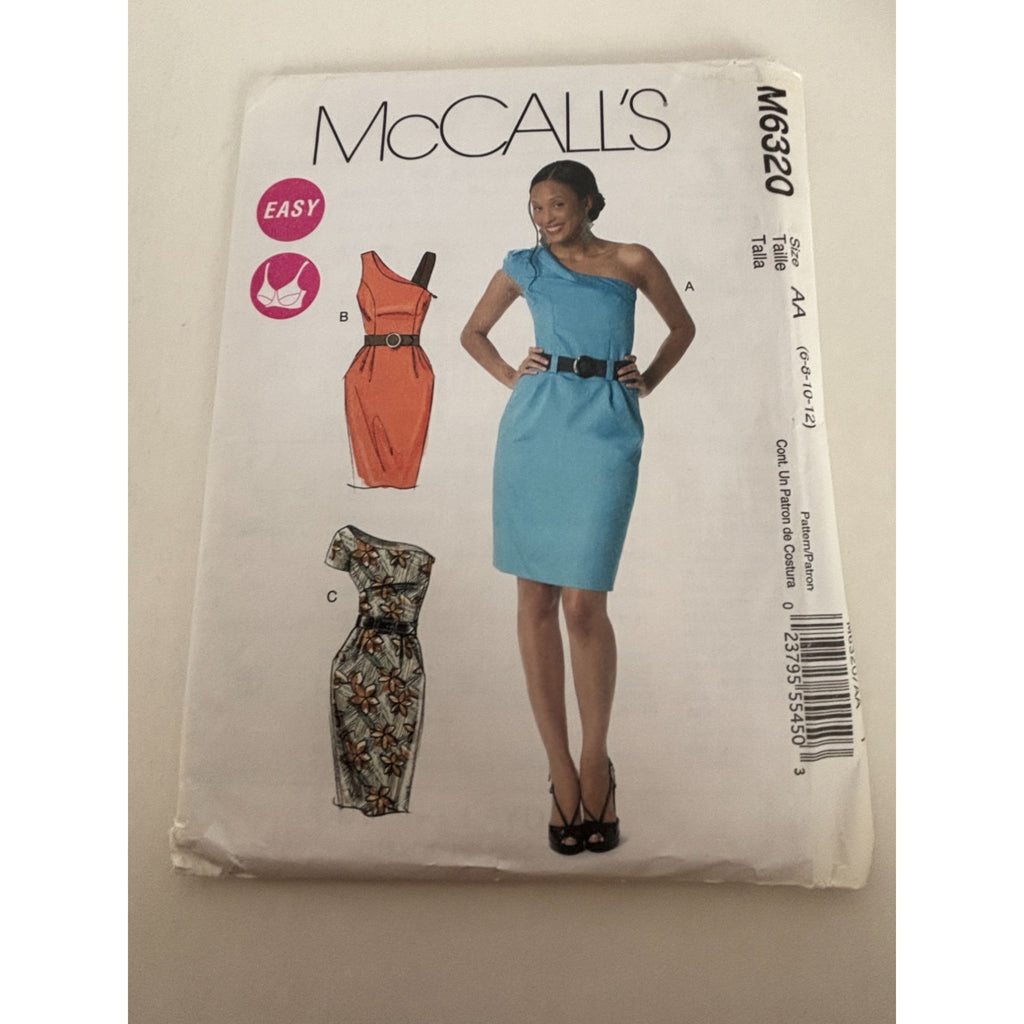 McCalls Sewing Pattern M6320 One-Shoulder Dress Belt Career Work 6-12 Easy Uncut