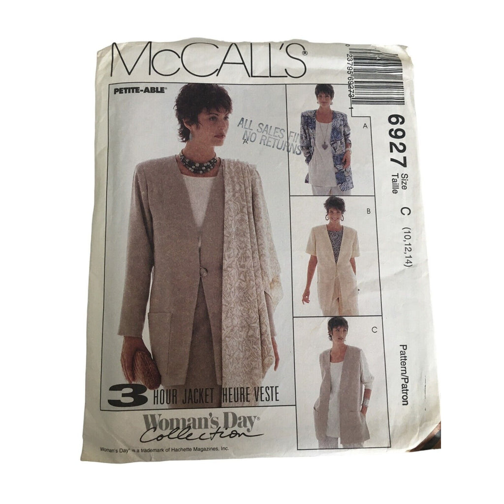 McCalls Sewing Pattern 6927 Unlined Jackets Scarf Career Work Style 10-14 Uncut
