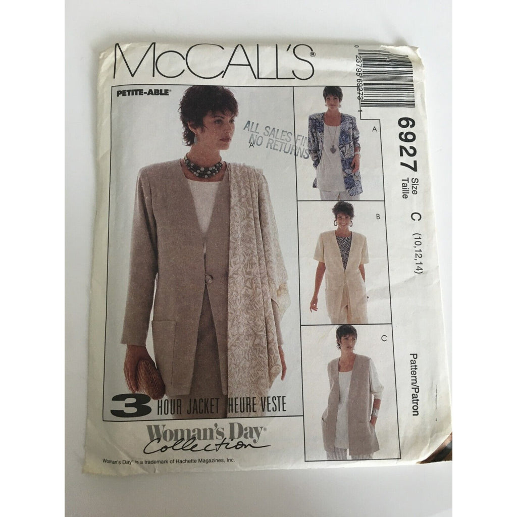 McCalls Sewing Pattern 6927 Unlined Jackets Scarf Career Work Style 10-14 Uncut