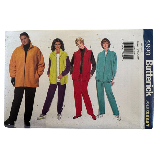 Vintage 90s Tracksuit Sewing Pattern Butterick 5890 Jacket Vest Pants Athleisure Pattern 16W-20W Uncut