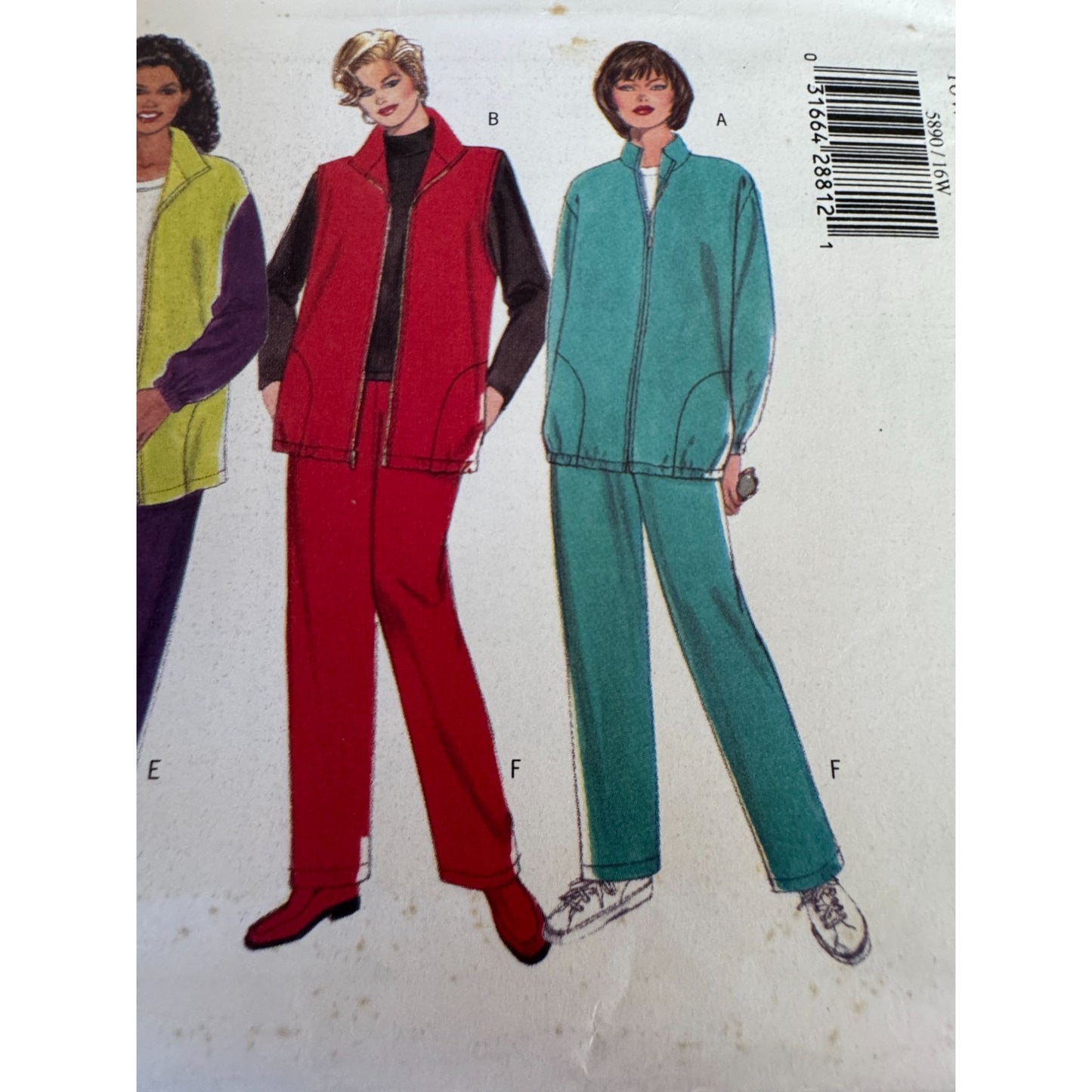 Vintage 90s Tracksuit Sewing Pattern Butterick 5890 Jacket Vest Pants Athleisure Pattern 16W-20W Uncut